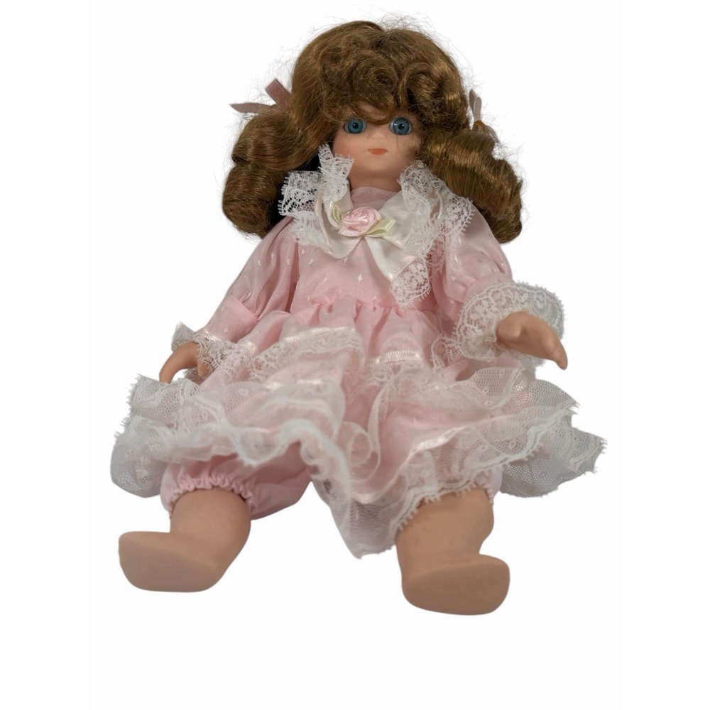 Vintage Pocelain Doll Unbranded Blue Eyes Brown Hair Pink Dress